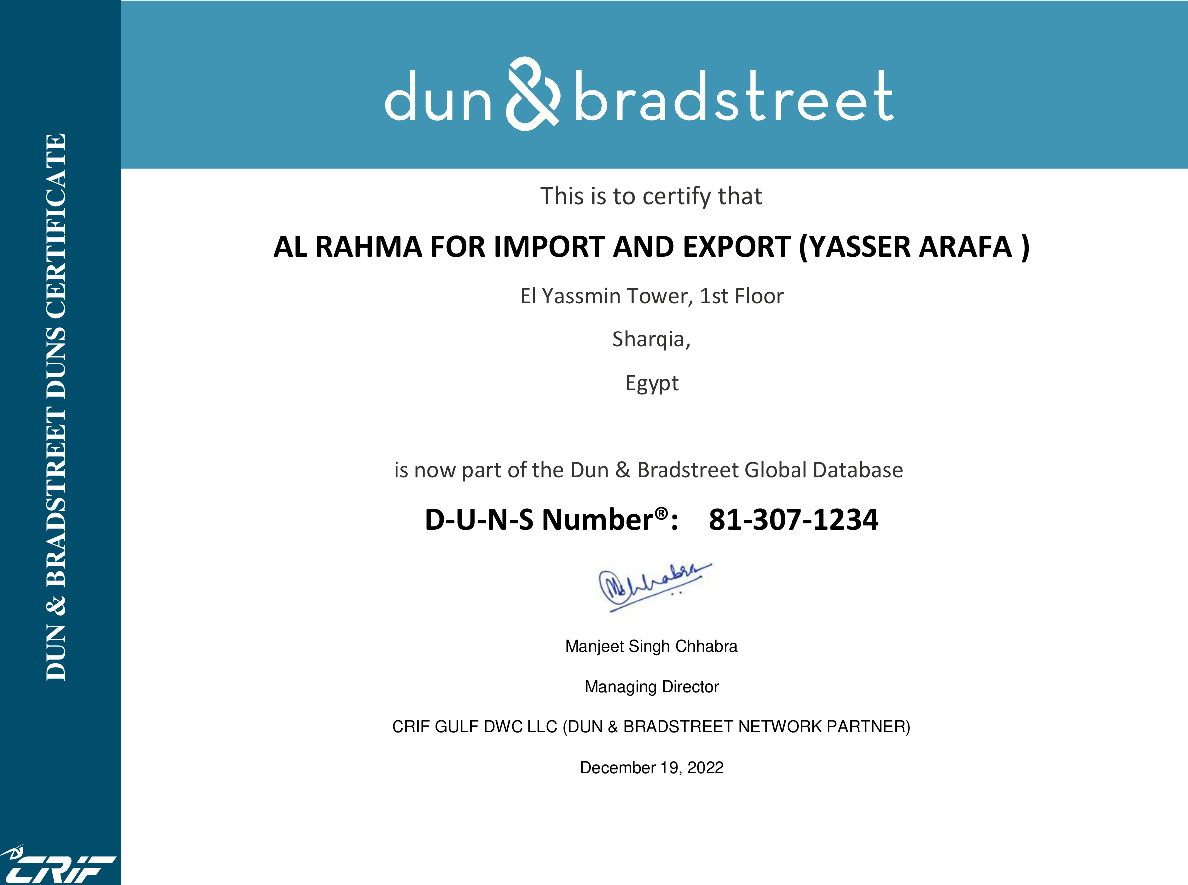 Official D-U-N-S Certificate 81-307-1234